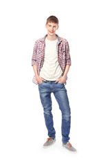 Teenager in casual clothes on white background