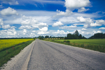 Fototapeta na wymiar Clouds on blue sky over green empty field and asphalt road summer background.