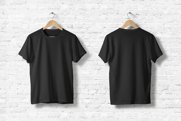 Blank Black T-Shirts  Mock-up hanging on white wall, front and rear side view . Ready to replace...