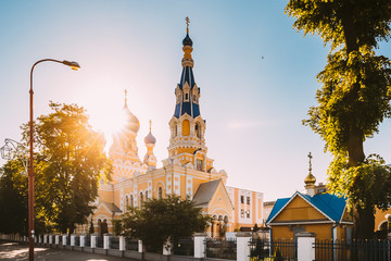 Brest, Belarus. St. Nicholas Cathedral In Sunny Summer Day. Church - obrazy, fototapety, plakaty