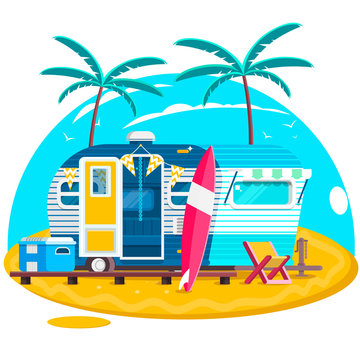 Tropical sunset. Travel Trailer Caravans. Surfing trailer with boards for surfing on a beach. Vector illustration