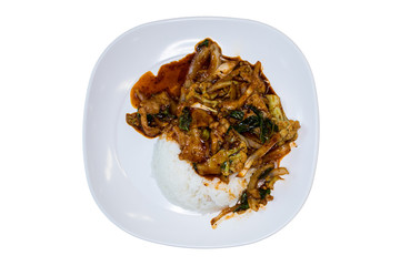 Stir fry pork and chili in oil on white background