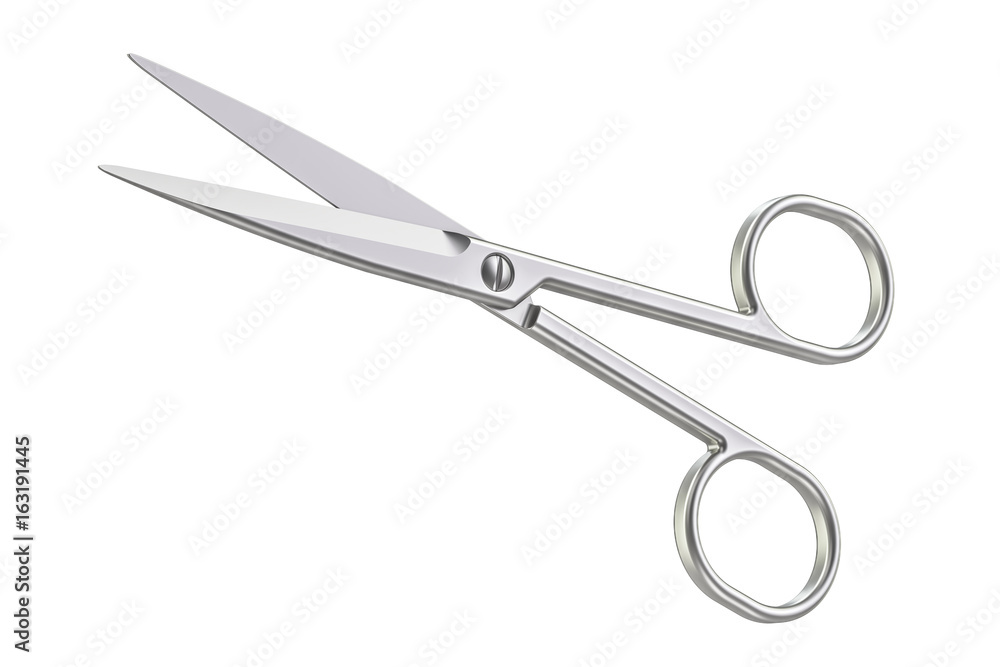 Poster metallic scissors, 3d rendering