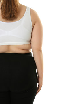 Back View Of Overweight Woman On White Background. Diet Concept