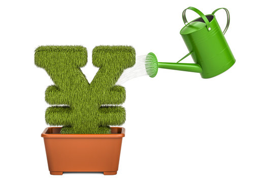 Watering can water grassy yen or yuan symbol. Money plant concept, 3D rendering