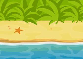 Sunny tropical beach, bright tropic jungle landscape, sea flat vector illustration, sand and water relax graphics, ocean background