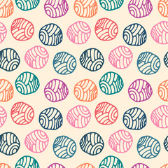 Colorful doodle polka dot background. Wool balls. Abstract round seamless pattern. Vector illustration.