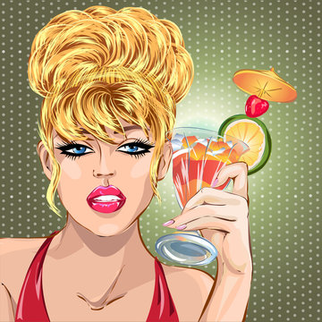 Pin up sexy blonde woman drinking summer cocktail, pop art girl portrait, celebrate look vector illustration