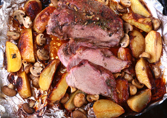 Grilled pork meat with potatoes. barbecue. Selective focus.