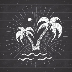 Fototapeta premium Vintage label, Hand drawn palm trees, grunge textured retro badge template, typography design vector illustration on chalkboard