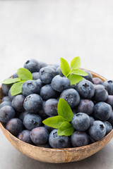 Fresh blueberries natural coconut in a bowl on a gray background.