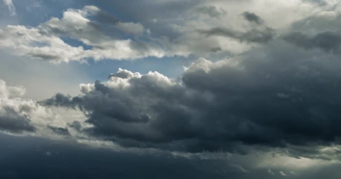 Time lapse clip of gray fluffy curly rolling clouds before storm