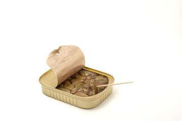 Open tin of smoked oysters with toothpick