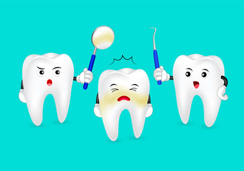 Cartoon decay tooth scared dental equipment. Dental care concept. Illustration isolated on green background.