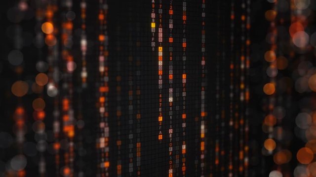 Orange matrix rain of digital HEX code and bokeh on computer screen. Seamless loop abstract technology 3D animation rendered with DOF 4k (4096x2304)
