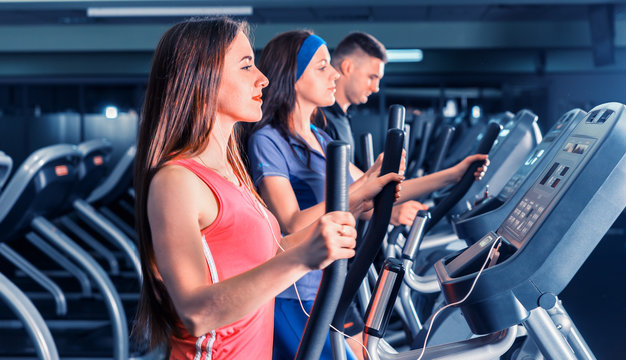 Group of young people diligently exercising on the crosstrainer machines