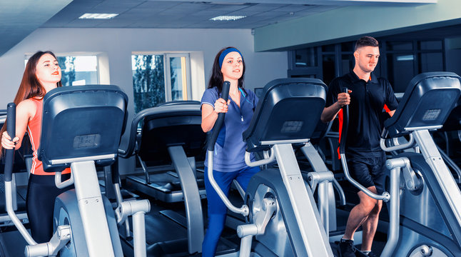 Group of people diligently exercising on the crosstrainer machines