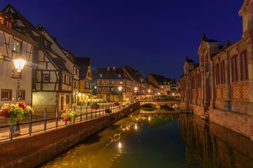 Night view of the traditional street of Colmar, Alsace, France