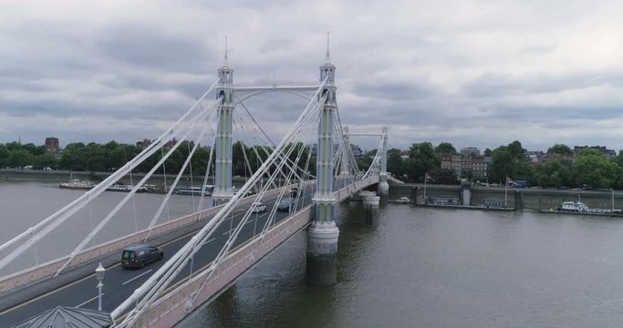Aerial ascending view of the victorian Albert bridge in West London