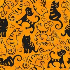 Seamless pattern with cute cartoon doodle cats on yellow background. Little black kittens. Funny animals. Children's illustration. Vector image.