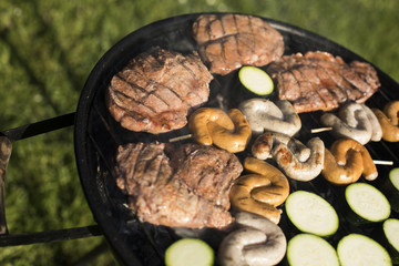 Barbecue grill with fire on nature, outdoor, close up