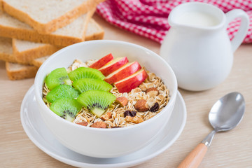 Muesli with fresh fruit, milk and whole wheat bread