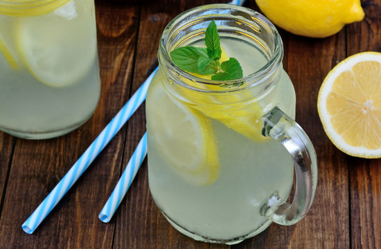 Fresh organic lemonade with mint in mason jars