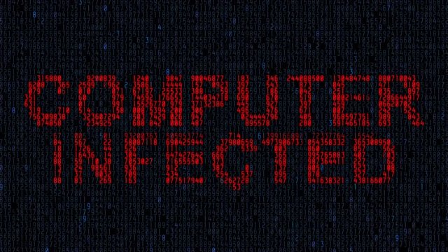 Animation computer monitor screen source code and text VIRUS sign warning blinking that the system had been hacked or infected by network. Virus alert background, security concept. computer infected