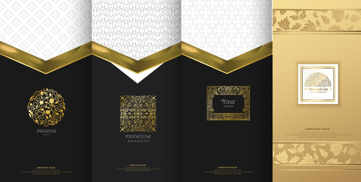 Collection of design elements,labels,icon,frames, for packaging,design of luxury products.Made with golden foil.Isolated on black background. vector illustration