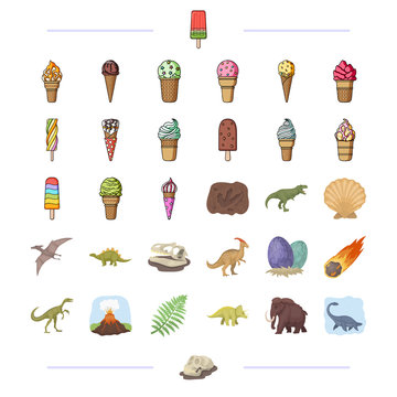 Different types of ice cream and other web icon in cartoon style.. Dinosaurs, Jurassic period icons in set collection.