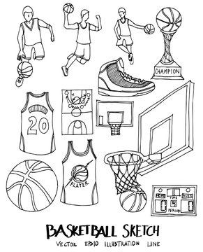 Set of Doodle Basketball Hand drawn Sketch line vector illustration eps10