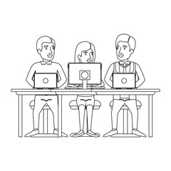 monochrome silhouette of teamwork of woman and men sitting in desk with tech devices vector illustration