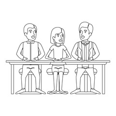 monochrome silhouette of teamwork of woman and men sitting in desk vector illustration