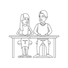 monochrome silhouette of teamwork of woman and man sitting in desk and her with long hair and straight and him in casual clothes vector illustration