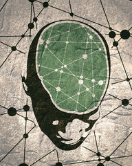 Abstract illustration of a human head with brain. Up view face silhouette. Medical theme creative concept. Connected lines with dots. Concrete grunge texture