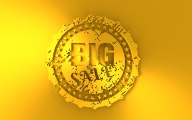 Stamp icon. Graphic design elements. 3D rendering. Big sale text. Golden metallic material