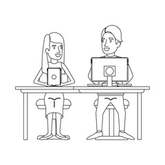 monochrome silhouette of teamwork of woman and man sitting in desk with tech devices and her with long hair and straight and him in casual clothes vector illustration