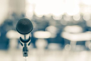 Microphone speaker in school lecture hall, seminar meeting room or educational business conference...