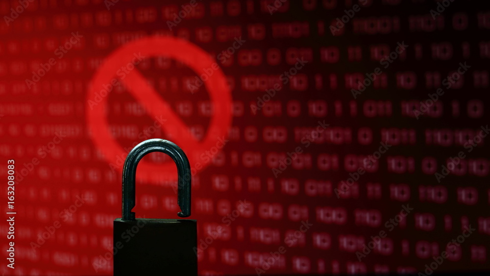 Poster Visus or hacked computer screen 

Red binary computer code ransom screen background with stop symbol sign.
