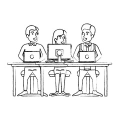 monochrome blurred silhouette of eamwork of woman and men sitting in desk with tech devices vector illustration