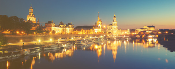 Fototapeta na wymiar Evening panorama of Dresden, Saxony, Germanyin retro styling