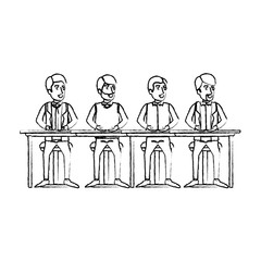 monochrome blurred silhouette of teamwork of men sitting in desk vector illustration