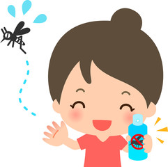 虫よけスプレーを持った女性と蚊