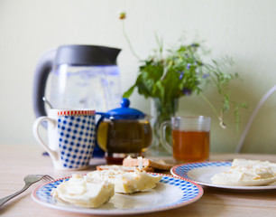 Still life of two plates    with  omelets