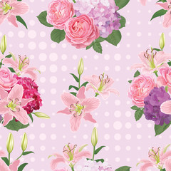Obraz na płótnie Canvas Seamless pattern of flowers, lily, rose and hydrangea with dot in the background. Vector set of blooming flowers for your design. Adornment for wedding invitations and greeting card. 