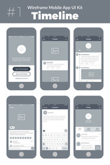 Naklejka na ściany i meble Wireframe UI kit for mobile phone. Mobile App Timeline. Feed, post, comment, sign up, profile and menu screens