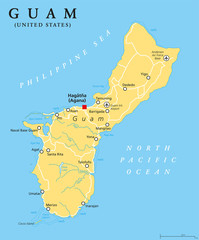 Guam political map with capital Hagatna, Agana. Unincorporated, organized territory of the United States in the Pacific Ocean. Largest of Mariana Islands. Illustration with English labeling. Vector.