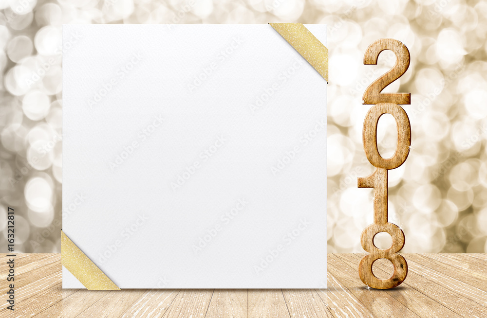 Poster happy new year 2018 with blank white greeting card with gold ribbon in perspective room at sparkling