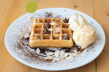 waffles with chocolate sauce and ice cream
