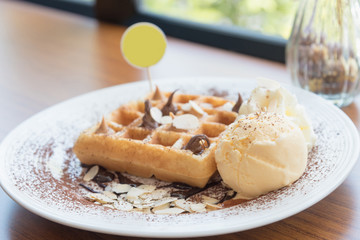 waffles with chocolate sauce and ice cream